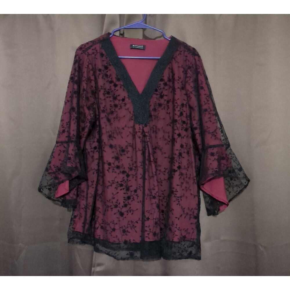 Bloomchic Black Lace Lined Pullover Bell Sleeve Dark Romance Blouse 14-16